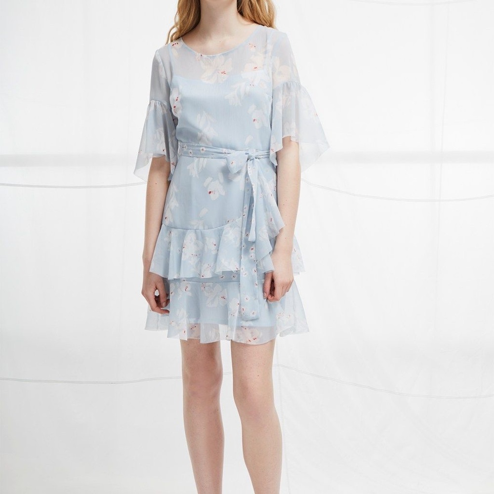 French Connection Sea Breeze Alba Sheer Tie Waist Ruffle Dress size4 NWT$188